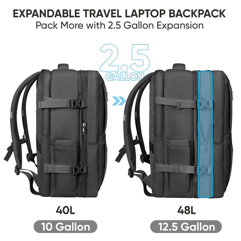 Sturdy Unisex Travel Backpack For Laptop, Carry-On Size With 40L Expandable To 48L, shown in expansion mode, black.