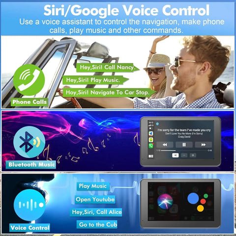 Wireless CarPlay And Android Auto 7 Inch HD Touch Screen Car Stereo with voice control, Bluetooth music, and voice assistant options