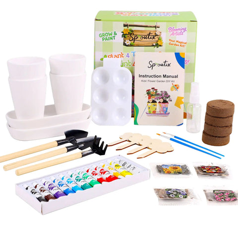 All In One Paint And Grow Flower Kit With 4 Ceramic Pots Soils Seed Packs Saucers Plant Markers Palette Brushes Tools And 12 Acrylic Colors