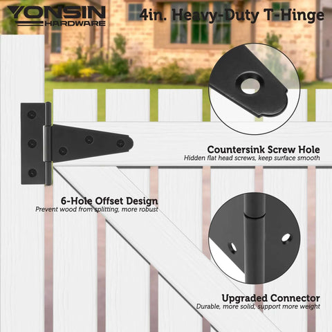 Beefy 4 Inch T Strap Door Hinges 2 Pack Black Countersunk Holes For Shed Doors And Wooden Fences Outdoor Barn Gate Hardware