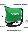 Handheld Lawn Spreader With 25Lb Capacity For Grass Seed And Fertilizers, showing waterproof design and features like rear baffle.