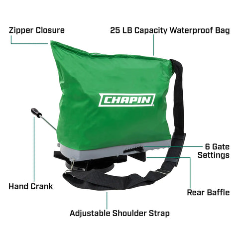 Handheld Lawn Spreader With 25Lb Capacity For Grass Seed And Fertilizers, showing waterproof design and features like rear baffle.