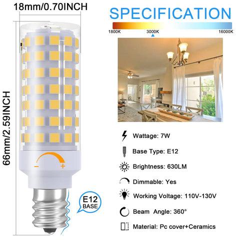 Dimmable E12 LED Bulb 7W Replaces 60W Halogen, Warm White 3000K, Perfect for Ceiling Fans, Candelabra Base E12
