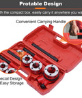 Heavy Duty Portable Ratchet Pipe Threader Kit With 5 Dies For 3/8 To 1-4 Inch Npt Threading in red storage case with handle.