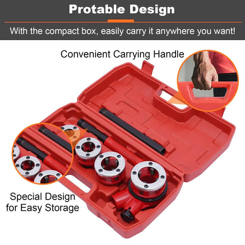 Heavy Duty Portable Ratchet Pipe Threader Kit With 5 Dies For 3/8 To 1-4 Inch Npt Threading in red storage case with handle.