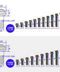 Diagram of Titanium M10 Bolts Set With Flange Head For DIY Builds, showing various sizes and pitches, in 1.25 and 1.5 pitch.