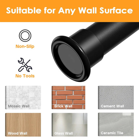 No Drill Tension Curtain Rod 43 To 124 Inch Adjustable Extra Long Beefy Heavy Duty Spring Loaded Rod, non-slip end cap, various surfaces