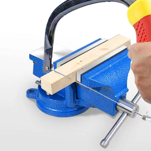 Heavy Duty 5 Inch Vise With 360 Degree Swivel Base And Anvil Clamp, Built Like A Tank, Cast Steel Construction, Table Clamp Woodworking Vice For Drilling, Pipe Cutting, And Woodworking Jobs, Blue, clamping wood for sawing