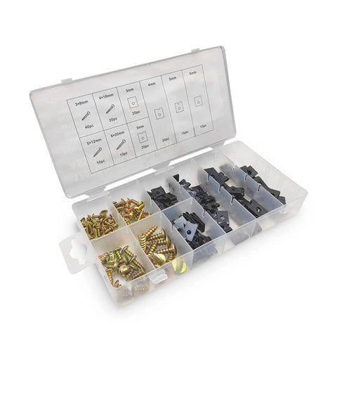 Open box of 170 Piece U Clip And Screw Kit For Car Interior Fasteners, Self Tapping Screws And U Nuts, assorted sizes