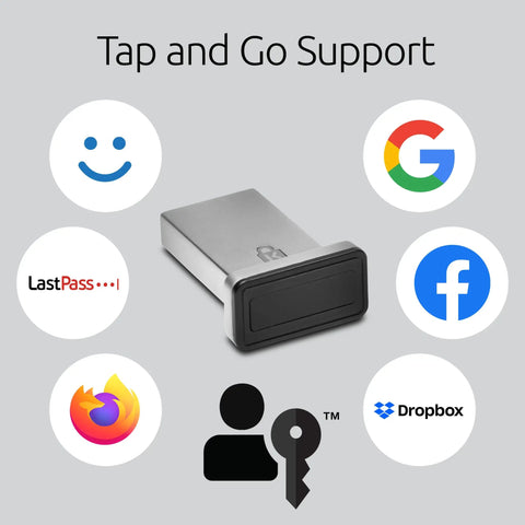 VeriMark Gen2 USB A Fingerprint Key Reader with Windows Hello for Business, tap and go support shown with app icons