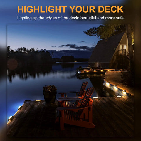 Nighttime view of a deck by a lake illuminated with Six LED Solar Fence Lights Outdoor Waterproof Path Lighting For Decks IP65