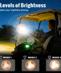 Magnetic Golf Cart Fan With Rechargeable Portable Build And Top Notch Airflow To Keep You Crisp Out On The Links, showing 3 brightness levels.