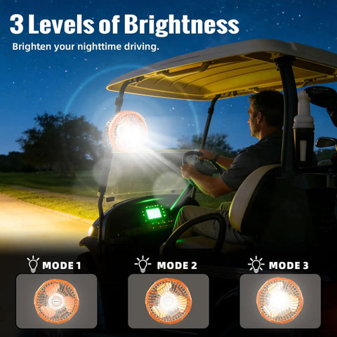 Magnetic Golf Cart Fan With Rechargeable Portable Build And Top Notch Airflow To Keep You Crisp Out On The Links, showing 3 brightness levels.