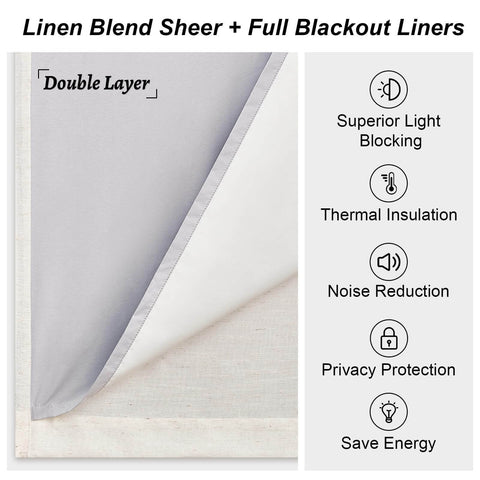 96 Inch Long Natural Pinch Pleated Blackout Curtains With Thermal Insulation And Linen Look showing double layer fabric.
