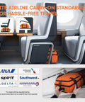 Underseat Carry On Luggage With Handle 17 Inch Travel Duffle Bag For Men And Women Orange Lightweight Durable Airplane Bag shown fitting under airplane seat and in overhead bin.