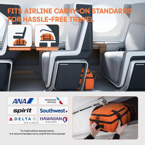 Underseat Carry On Luggage With Handle 17 Inch Travel Duffle Bag For Men And Women Orange Lightweight Durable Airplane Bag shown fitting under airplane seat and in overhead bin.