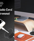 2 Pack 2 Inch Cable Grommets For Desk And Table Cable Management, Flexible ABS Plastic Wire Hole Covers, Black on desk with cables