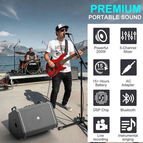 Musician using 200W Portable Karaoke Machine With 5 Channel Mixer Bluetooth PA System 6 In 1 Wireless Voice Amplifier outdoors