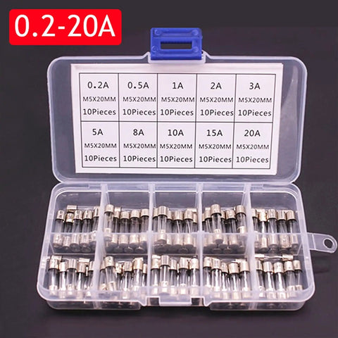 Assorted Fast Blow Glass Tube Car Fuses Kit 100 Pieces 0.2-20A and 0.5-30A with Sky Blue Box for Auto Wiring and DIY Projects