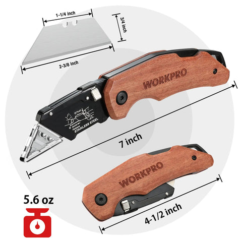 Kickass Folding Utility Knife With Solid Wood Handle And Tight Back Lock Heavy Duty Box Cutter Featuring Quick Change Blade Swap And Extra SK5 Replacement Knives For Any Weekend Grind