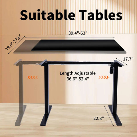 Electric Standing Desk Frame With Memory Height Controller showing adjustable length range 36.6 to 52.4 inches on wood floor