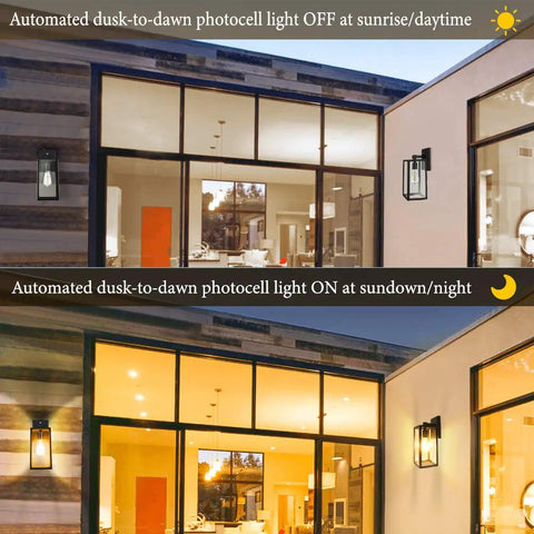 Outdoor Wall Light With Dusk To Dawn Photocell, IP65 Waterproof All Weather No Fuss Wall Mount Fixture For Porch Garage And Doorway, Clear Glass Shade, E26 Socket Exterior Lamp