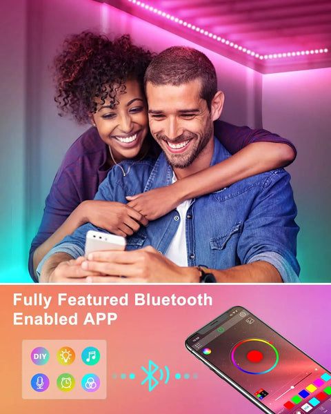 Couple using app to control 100ft Waterproof LED Strip Lights With Remote And App Control RGB SMD 5050 Color Changing Mood Lighting.