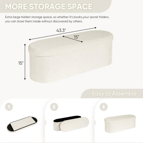 Go To Storage Ottoman With Cozy Sherpa Lining For Living Room dimensions and assembly steps in white cream, 43.3 inch size
