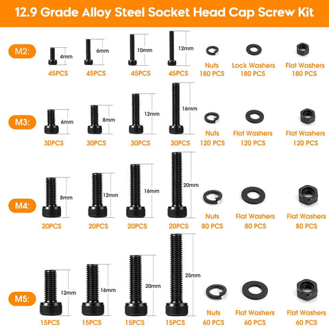 1760 Piece Nuts And Bolts Kit With M2 M3 M4 M5 Screws, Lock And Flat Washers, Heavy Duty 12.9 Grade Alloy Steel, Size Chart