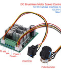 Rock Solid Dc Brushless Motor Controller 15Amp 5 To 36 Volt Speed Driver showing circuit board, potentiometer, and wiring details.