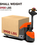 Aequanta Full Electric Pallet Jack with 3900 lb load capacity lifting a large cardboard box in a warehouse setting.