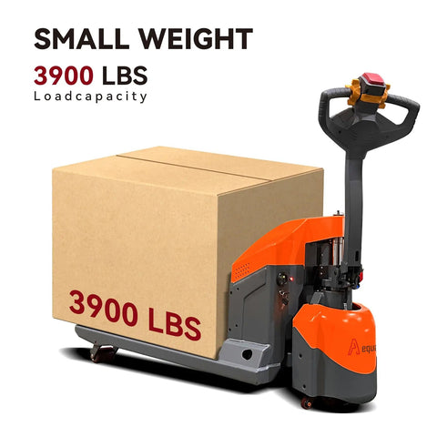Aequanta Full Electric Pallet Jack with 3900 lb load capacity lifting a large cardboard box in a warehouse setting.