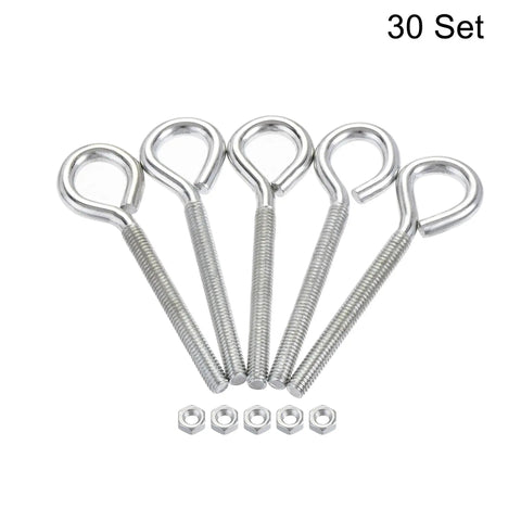 M4x40mm Eye Hooks Screws Bolts Kit 30 Pack Carbon Steel Hanger Eyelets With Hex Nuts For Metal And Wood Projects Heavy Duty Silver Zinc Coated Ring Hooks And Terminal Hooks, 30 set