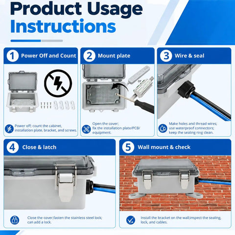 Steps for using Tough As Nails IP67 Waterproof Electrical Enclosure With Clear Gray Cover for outdoor control panels.