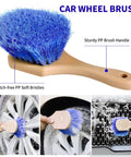 62 Inch Car Wash Brush Set With Long Handle And Chenille Microfiber Mitt Kit showing blue wheel brush cleaning car