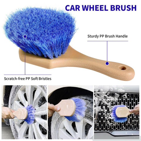 62 Inch Car Wash Brush Set With Long Handle And Chenille Microfiber Mitt Kit showing blue wheel brush cleaning car