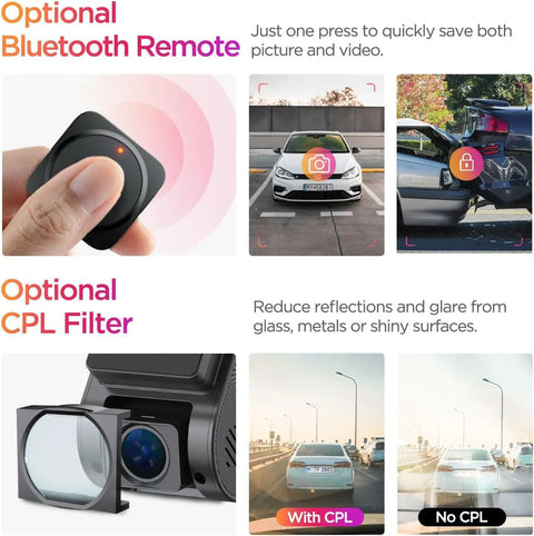 Image showing a 2K Dash Cam With 60FPS HDR Dope Night Vision STARVIS 2 Sensor 5GHz Wifi GPS Voice Control 24 Hour Parking Mode Supercapacitor Compact Mini Design No SD Card Included with optional Bluetooth remote and CPL filter usage examples.