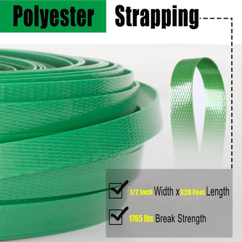 Built Like A Tank Rock Solid Polyester Strapping Half Inch By Three Twenty Feet Roll Offering Seventeen Sixty Five Pound Pull Power With One Hundred Steel Seals For Easy Outdoor Tying Work, showing green polyester strap.