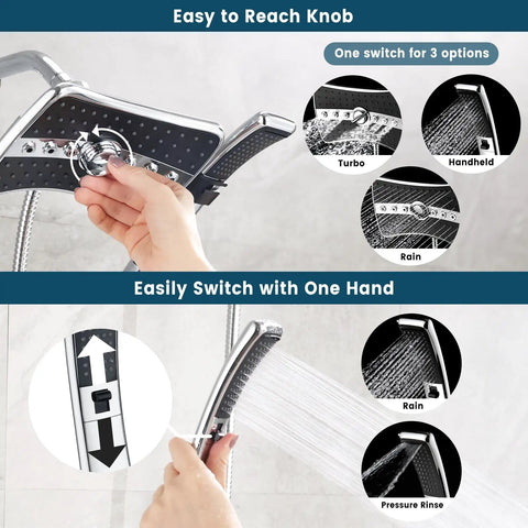 High Pressure Dual Shower Head Kit with Handheld and Rainfall Modes, 60 Inch Stainless Steel Hose, Chrome Finish, Front Switch