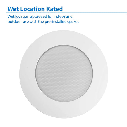 6 Inch White Recessed Shower Trim with Albalite Lens wet location rated, round design, includes pre-installed gasket.