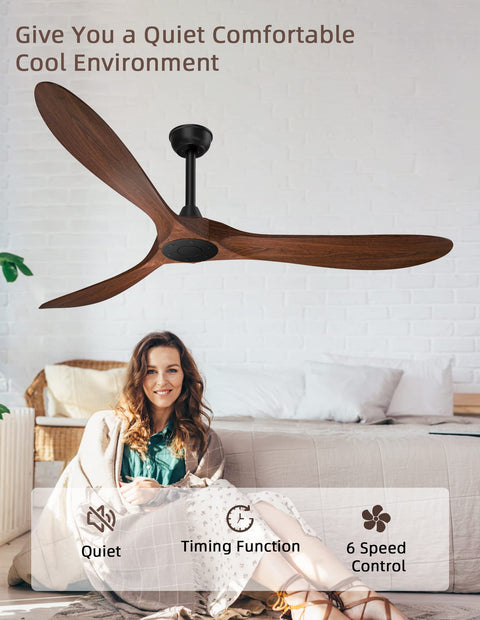 60-Inch Indoor Outdoor Ceiling Fan With Remote Control Noiseless DC Motor 3 Downrods Walnut Look 3 Plastic Blades in bedroom