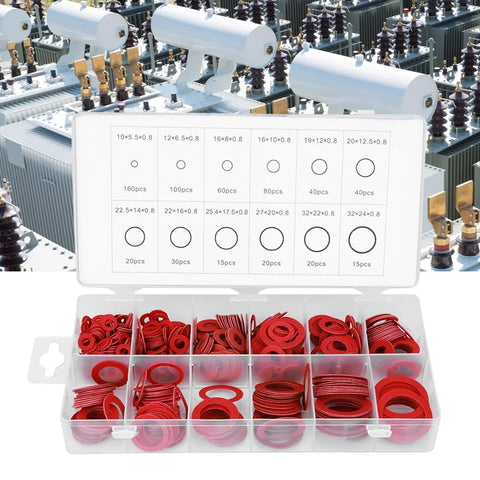 Heavy Duty Red Steel Paper Insulation Washers Kit With 600 Pieces In 9 Sizes For Transformer And Electrical Appliances Pro Grade Elastic And Abrasion Resistant Washers For Better Insulation And Secure Mounting, 600-piece box