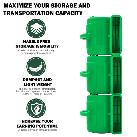 Stacked green One Quarter HP Air Mover With 1000 CFM Two Speeds Drying And Cooling Fan with storage info beside it