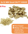 Tiny Brass Hinges Pack Of 50 Pieces Measuring 0.31 By 0.39 Inches For Mini Cabinets Jewelry Boxes Dollhouse DIY Craft With Mounting Screws Great For Small Box Hinges And Tiny Cabinet Doors Zorveiio displayed with screws on white background