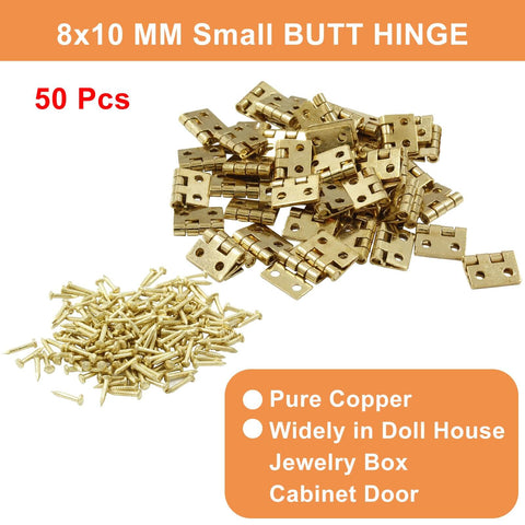 Tiny Brass Hinges Pack Of 50 Pieces Measuring 0.31 By 0.39 Inches For Mini Cabinets Jewelry Boxes Dollhouse DIY Craft With Mounting Screws Great For Small Box Hinges And Tiny Cabinet Doors Zorveiio displayed with screws on white background