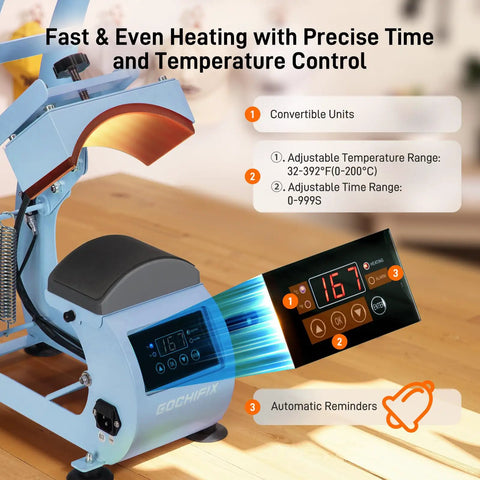 Dope Curved Hat Heat Press Machine with 6.54 by 3.84 inch plate, displays temperature and timer control on digital screen