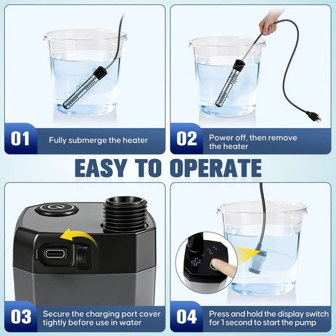 Portable Camping Shower With Heater 2000W, 3 Spray Modes, 6000mAh Rechargeable Pump instructions demonstrating setup process