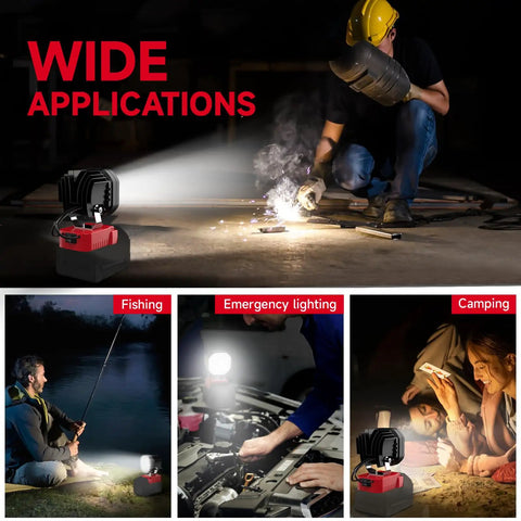 Cordless LED Work Light 40W 6000 Lumens 6500K used for welding, fishing, car repair, and camping, Milwaukee 18V battery compatible