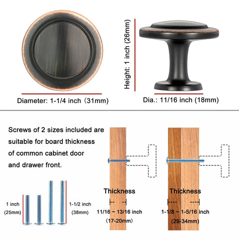 Oil Rubbed Bronze Round Cabinet Knobs One And A Quarter Inch Ten Pack Solid Metal Drawer Pulls With Screw Sizes Diagram