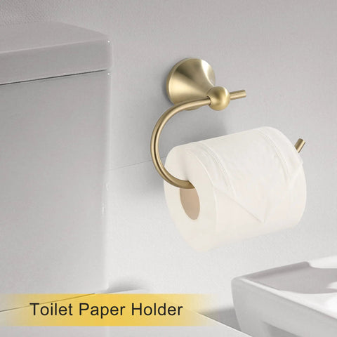 Brushed Gold 4 Piece Bathroom Hardware Set With 23.6 Inch Towel Bar, Towel Hook, Toilet Paper Holder, And Hand Towel Holder, stainless steel toilet paper holder with roll installed.